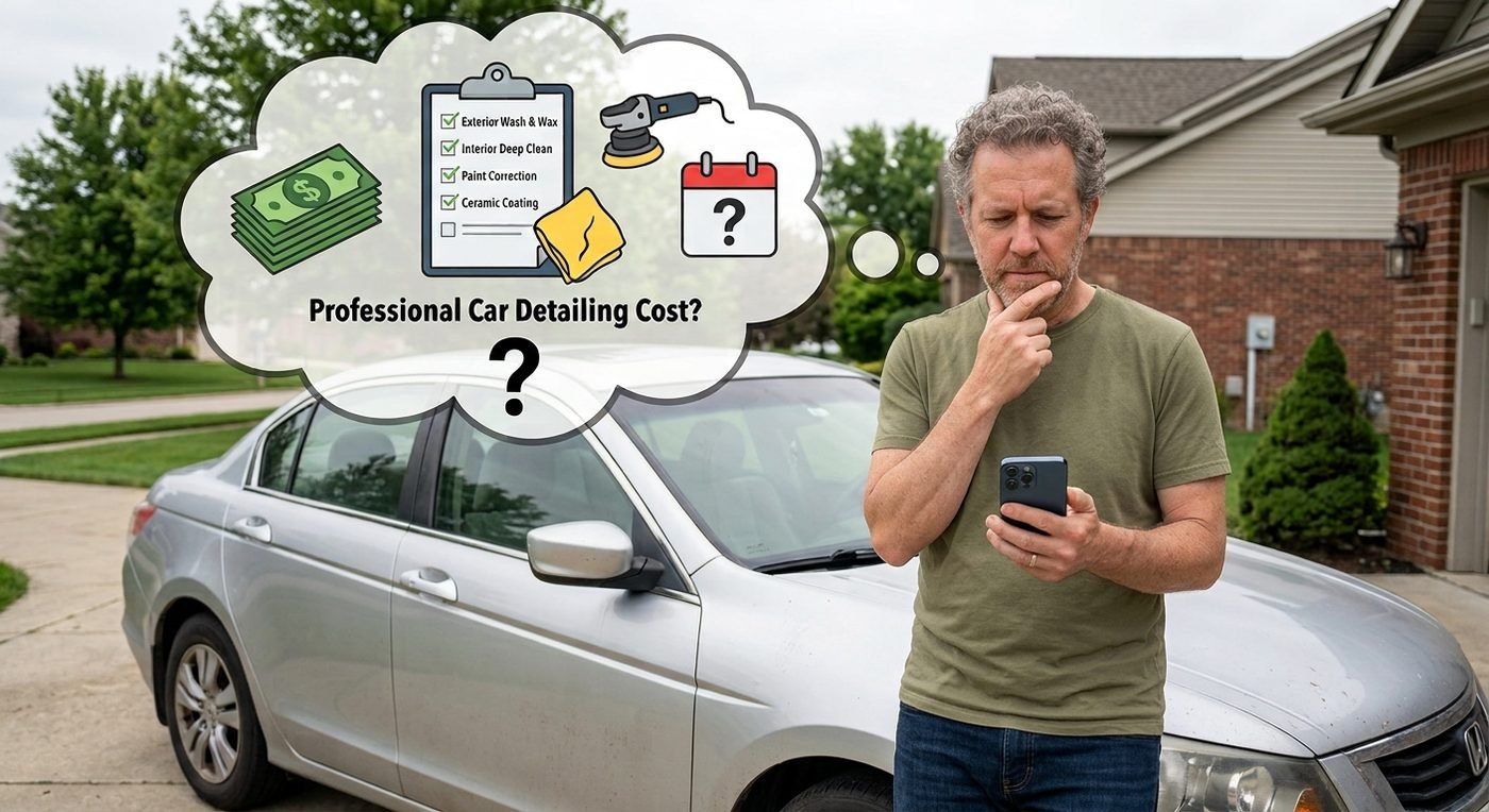 A car owner checking the cost of professional car detailing on his phone