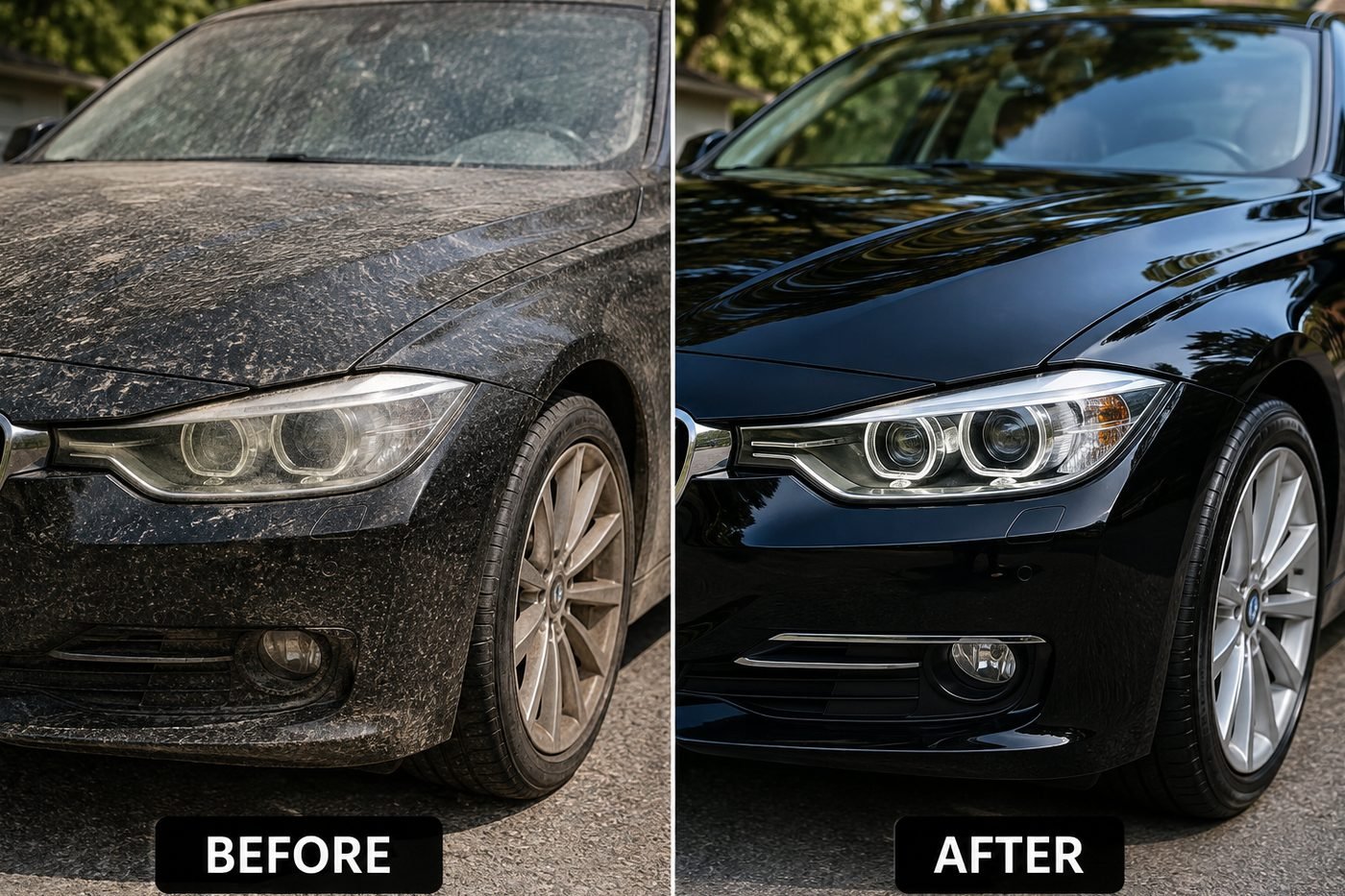 Before and after comparison of a professionally detailed BMW