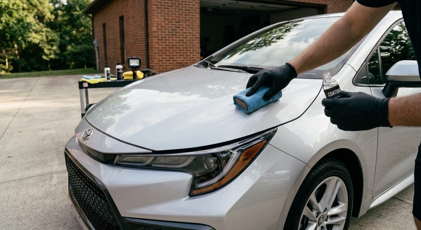 Detailer applying ceramic coating after paint correction on a white sedan