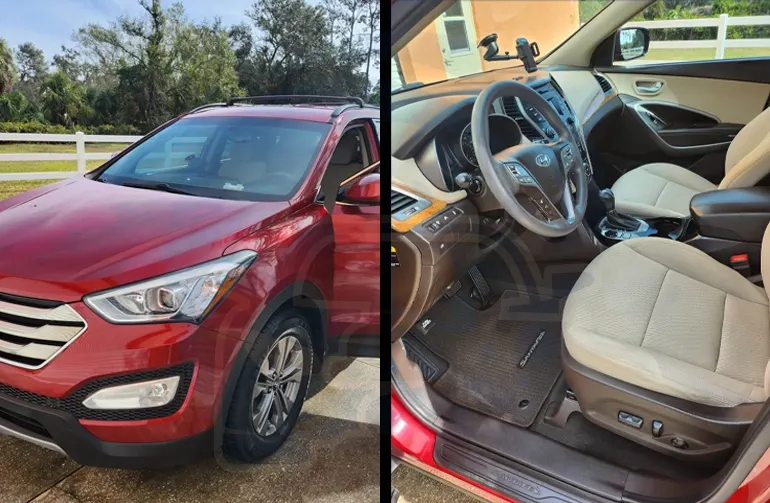 Red Hyundai Santa Fe after mobile detailing in Boston—glossy cherry-red exterior beside a spotless beige interior