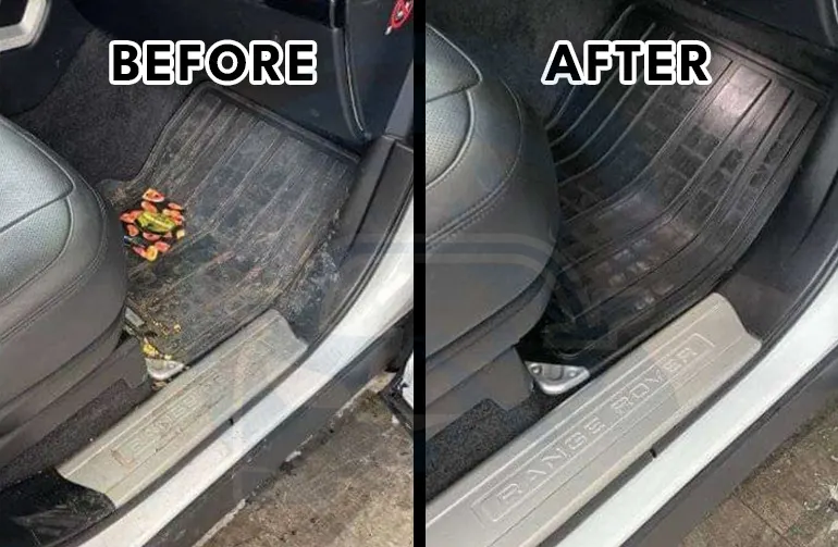 Before and after Range Rover floor cleaning in Boston—food scraps cleared and the driver’s mat restored to deep black