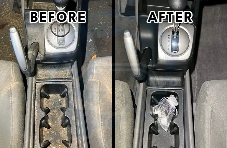 Before and after center console cleaning in Denver—dusty gear shifter and cup holders restored to spotless black plastic