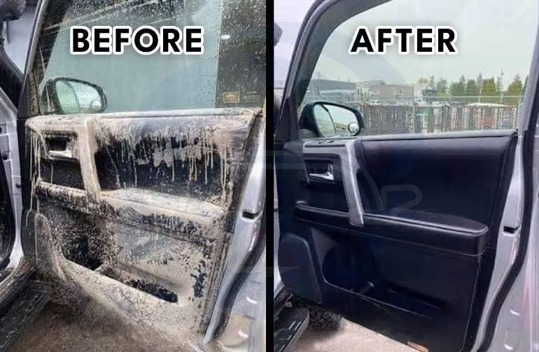 Before and after muddy door panel cleaning in Denver—dried mud removed from black interior trim and window controls