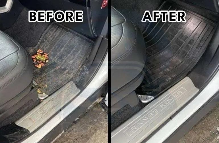 Before and after Range Rover floor cleaning in Denver—food scraps cleared and the driver’s mat restored to deep black