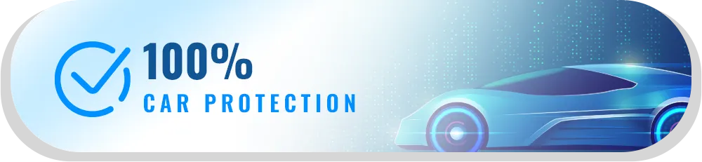 100% car protection banner with a glowing blue sports car graphic for mobile detailing in Edison