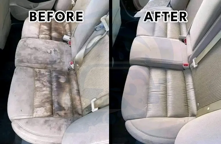 Before and after fabric seat cleaning in Houston—heavy stains removed from beige cloth seats for a like-new look