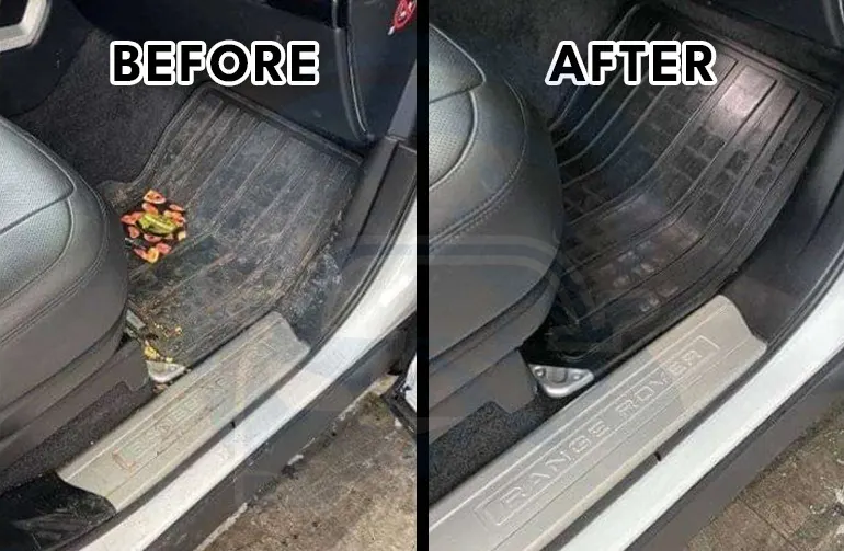 Before and after Range Rover floor cleaning in Indianapolis—food scraps cleared and the driver’s mat restored to deep black
