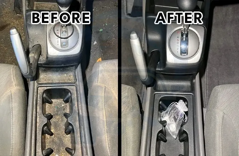 Before and after center console cleaning in Nashville—dusty gear shifter and cup holders restored to spotless black plastic