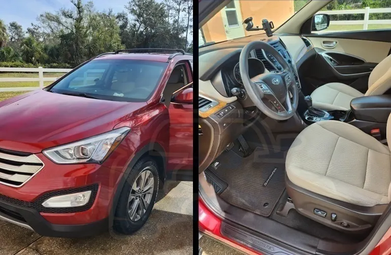 Red Hyundai Santa Fe after mobile detailing in Nashville—glossy cherry-red exterior beside a spotless beige interior