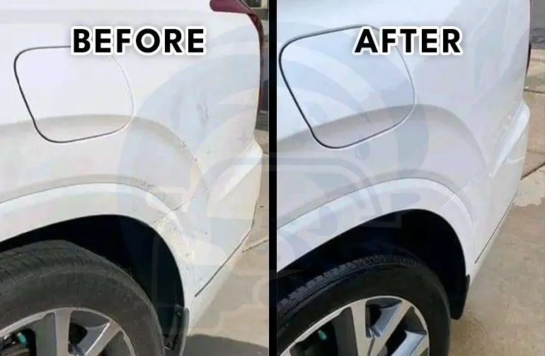 Before and after exterior detailing in Portland—road grime lifted from white paint and the tire dressed to a wet-look shine