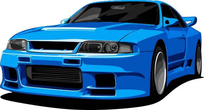Electric blue sports car illustration with flared arches and a rear wing for mobile detailing in Seattle