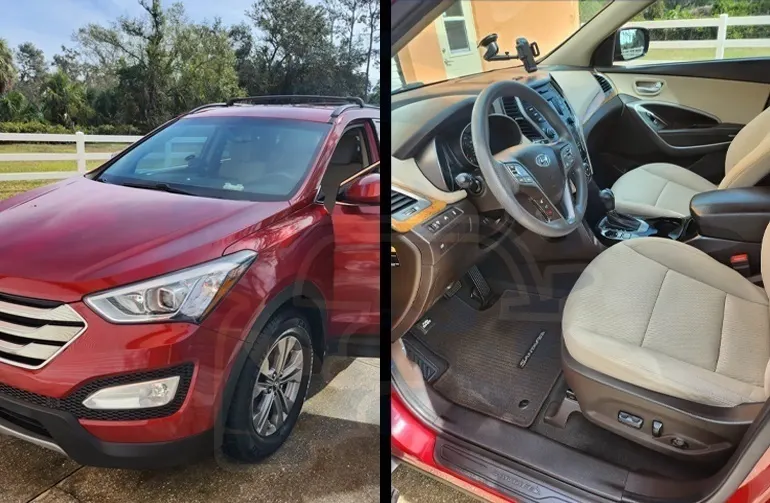Red Hyundai Santa Fe after mobile detailing in Seattle—glossy cherry-red exterior beside a spotless beige interior