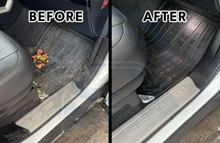 Before and after Range Rover floor cleaning in Seattle—food scraps cleared and the driver’s mat restored to deep black