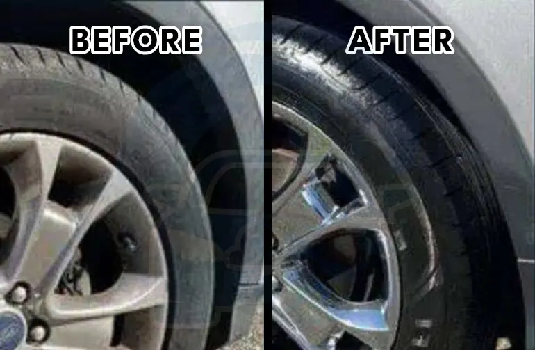 Before and after Ford alloy wheel cleaning in St. Louis—brake dust gone and the tire finished with a deep black shine